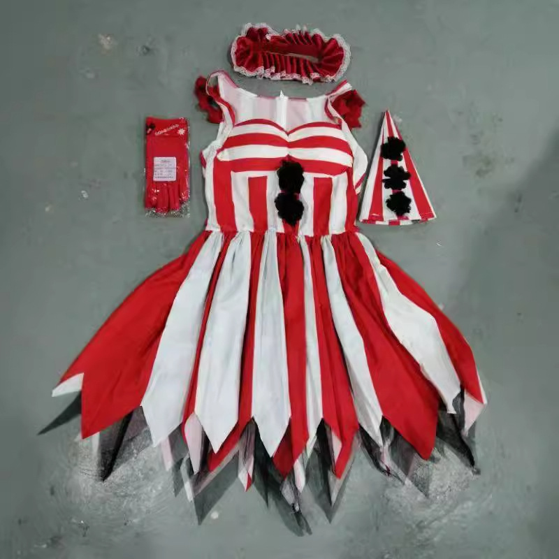 Adult Clown Costume Red And White Striped Dress with Party Hat Halloween Outfit